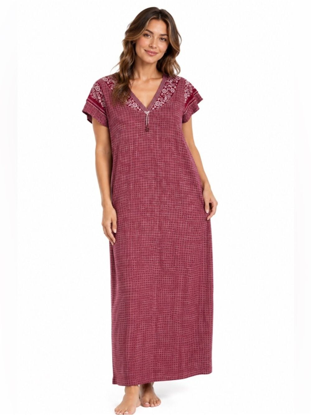 Marshal Nighties Floral Embroidered Pajamas Size Small Red Woven Long Sleeve